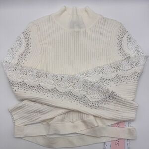 Junior Ivory Knit Ribbed Top Long Sleeve Lace Trim Rhinestone Cropped Medium New